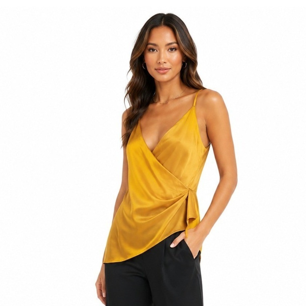 Express Mustard Yellow Satin Wrap Cami Top Side Tie V-Neck Sleeveless Medium